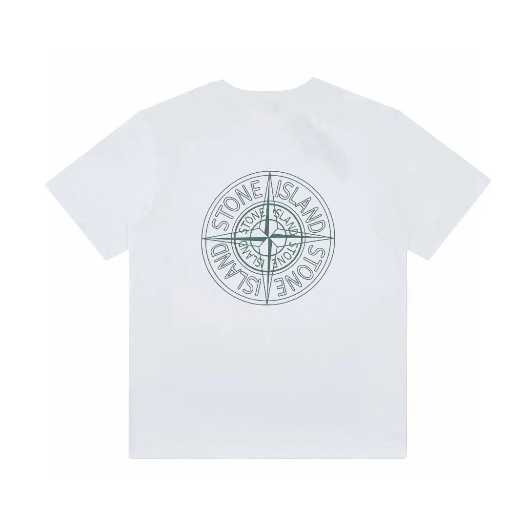 W609#P110💰 Stone Island compass big logo on the back logo printed short-sleeved men's and women's loose casual T-shirt Made of 260g combed cotton 32-count double yarn, double thread and two needles to press the thread, no deformation after long-term washing, imported 3D printing, no fading, no cracking, genuine pattern making, double tag wash, original packaging, color: black - white, size M - XXL